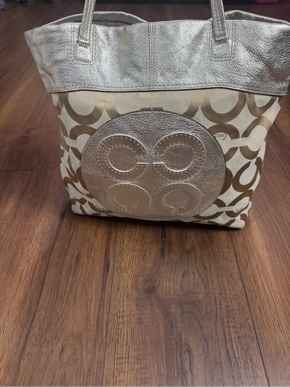 Coach Julia Op Art Tote 15013 Metallic Gold Khaki Large Y2K Bag - Picture 6 of 13
